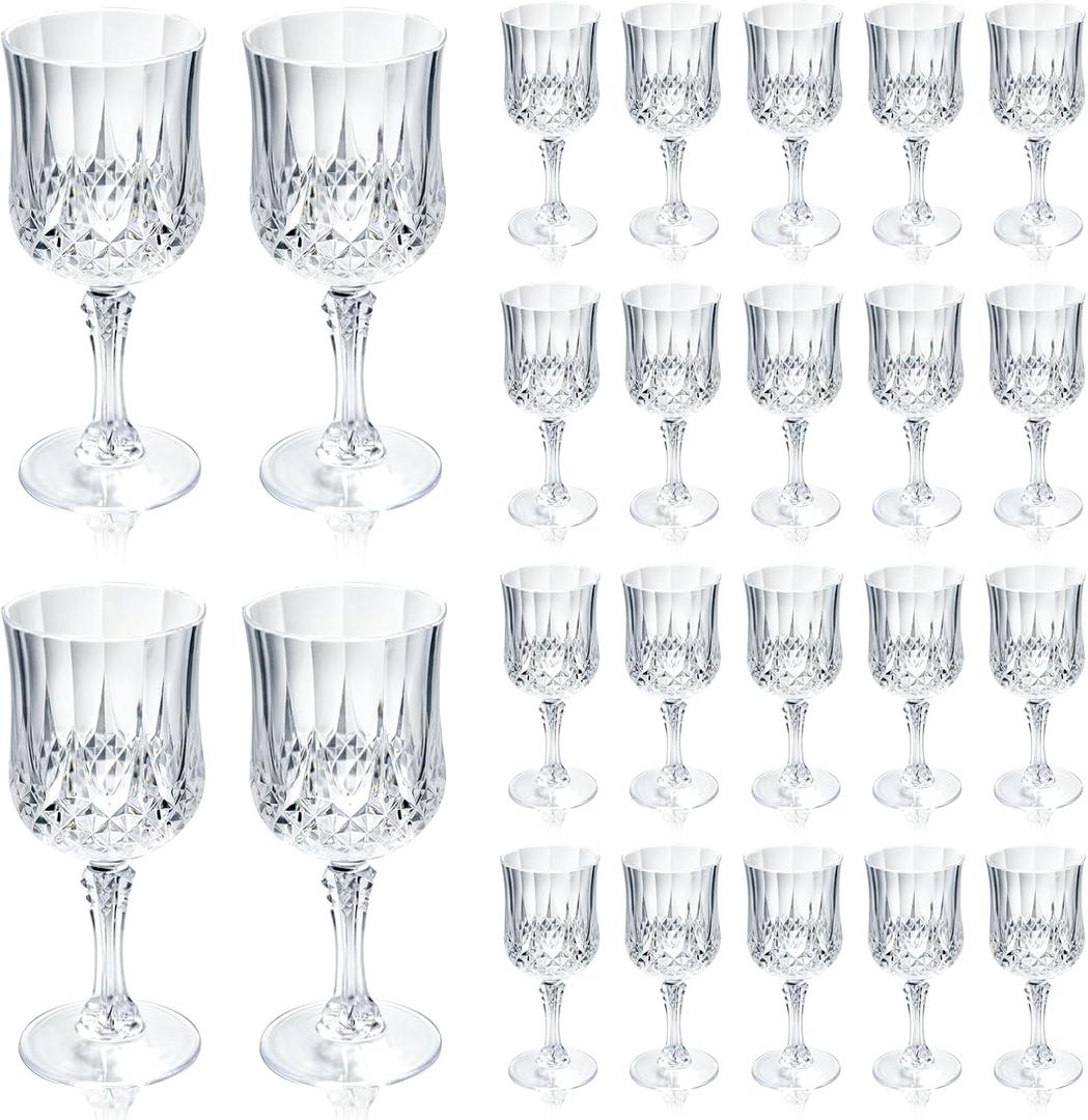 CHLJAR 24 PCS Plastic Clear Wine Glasses Goblets Clear Vintage Wine Glasses, Reusable Drinkware Vintage Champagne, Plastic Goblets for Parties for Wedding Reception Grand Event Party, 7oz