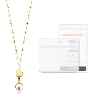 Retractable Badge Reel Lanyard with 2 Pieces ID Holder for Women, Fashion Beaded Chain Premium Stainless Steel Lanyard Necklace Water Resistant Name Badge Holder (Gold)