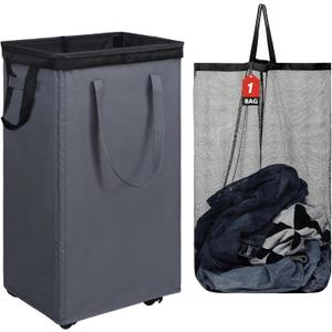 DOKEHOM 90L X-Large Laundry Basket with Removable Wash Bag on Wheels, Collapsible Rolling Laundry Hamper, Foldable Clothes Organizer, Folding Washing Bin (Grey), X-large Pro 29"