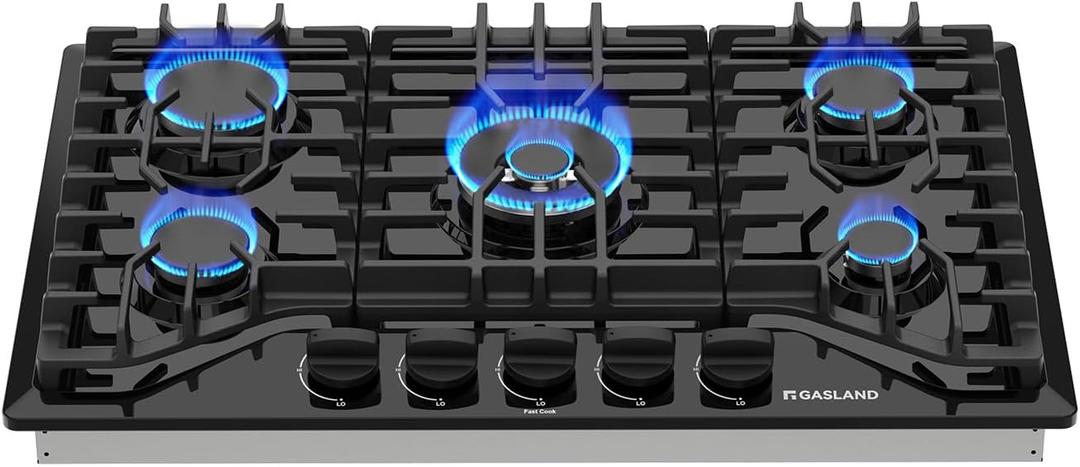 GASLAND 30 Inch Gas Cooktop Black, 5 Burner Propane Stove Top, Built-in NG/LPG Convertible Gas Cooktops, Plug-in with Thermocouple Protection, Black
