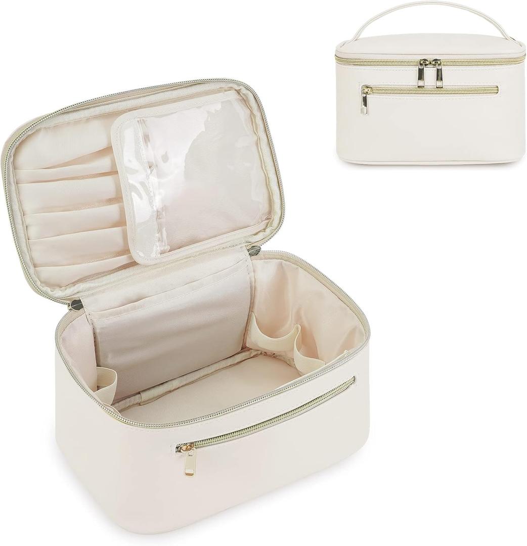 Wandering Nature Makeup Bag, Travel Make Up Organizer Cosmetic Brush Bags Case for Women in Vegan Leather, Milky White, Patent Pending