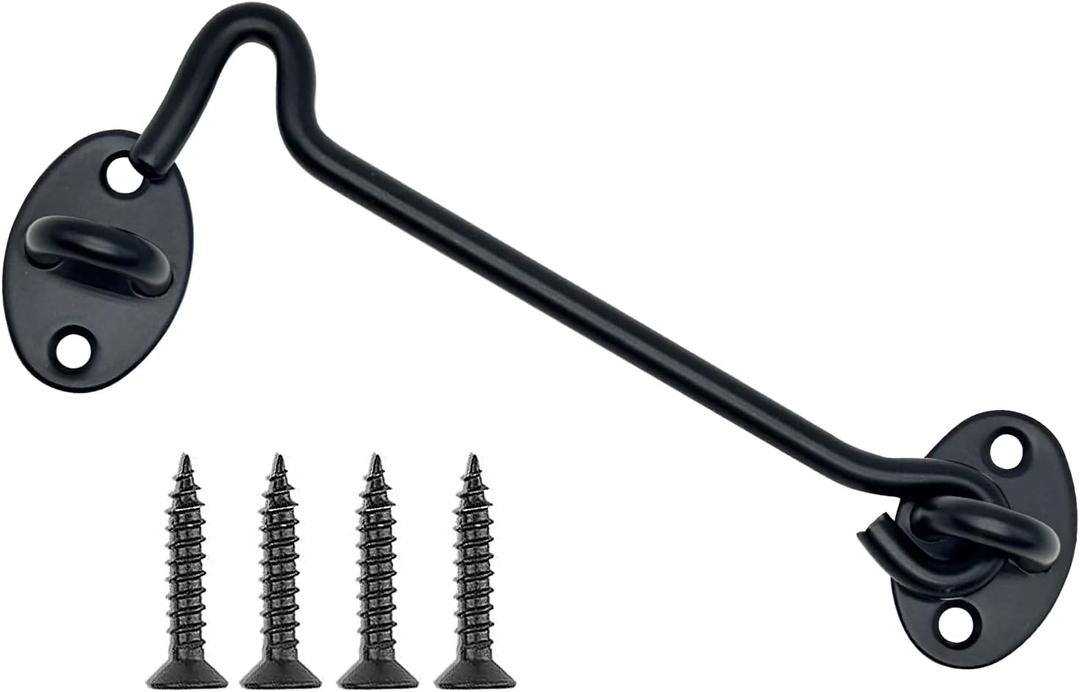 4 Pack 6" Hook and Eye Gate Latch, Stainless Steel Rust-Resistant Barn Door Lock Cabin Hooks for Gate Shutters Window Slide Barn Shed Cabinet Bathroom, with 16pcs Screw,Black