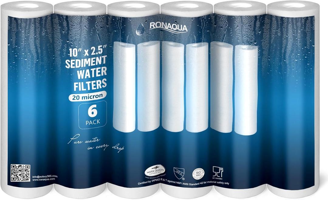 Ronaqua 20 Micron Sediment Water Filter Cartridge 10"x2.5", NSF Certified, 4-Layer Filtration for any 10-inch RO Units & Whole House Systems, Compatible with Culligan P5, AP110, WHKF-GD05, 6 Pack