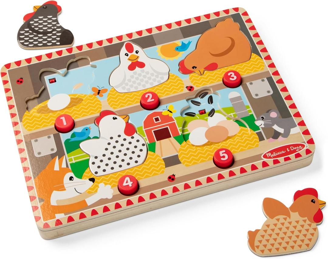 Melissa & Doug Happy Hens Push to Pop Wooden Puzzle, Montessori-Inspired Toddler Puzzles with Magnetic Pieces and Colorful Puzzle Board, Preschool Toys for Girls & Boys Ages 18 months+ - FSC Certified