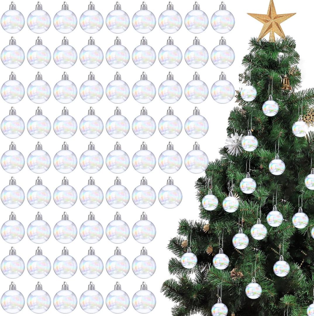 BBTO 100 Pcs Christmas Iridescent Ornaments Clear Plastic Christmas Ball Decorations Acrylic Transparent Indoor DIY Xmas Party Decor Iridescent Ball Decoration for Home Room Party Table(1. 18 Inch)