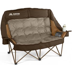 Huskfirm High Back Double Camping Chair 2 Person Camping Chair Low Seat Loveseat Camping Chair Fully Padded Oversized Camping Couch for Adults - Supports 650 LBS with Cup Holders Carry Bag - Brown