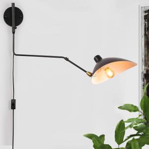 Modern Swing Arm Plug In Wall Lamp, Adjustable Industrial Wall Sconces For Bedroom Bedside, Retro Cordless Beetle-Shade Wall Light Fixtures For Living Room, Wall Mounted Reading Lamp, Black