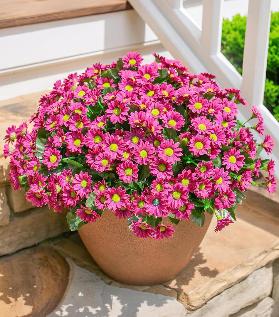 Daisy Artificial Flowers for Outdoors Decoration, 6 Bundles Fake Plants Flowers Bouquet Faux Flowers for Outdoor Planter Look Real UV Resistant Silk Flowers for Outside Garden Porch Patio, Dark Red