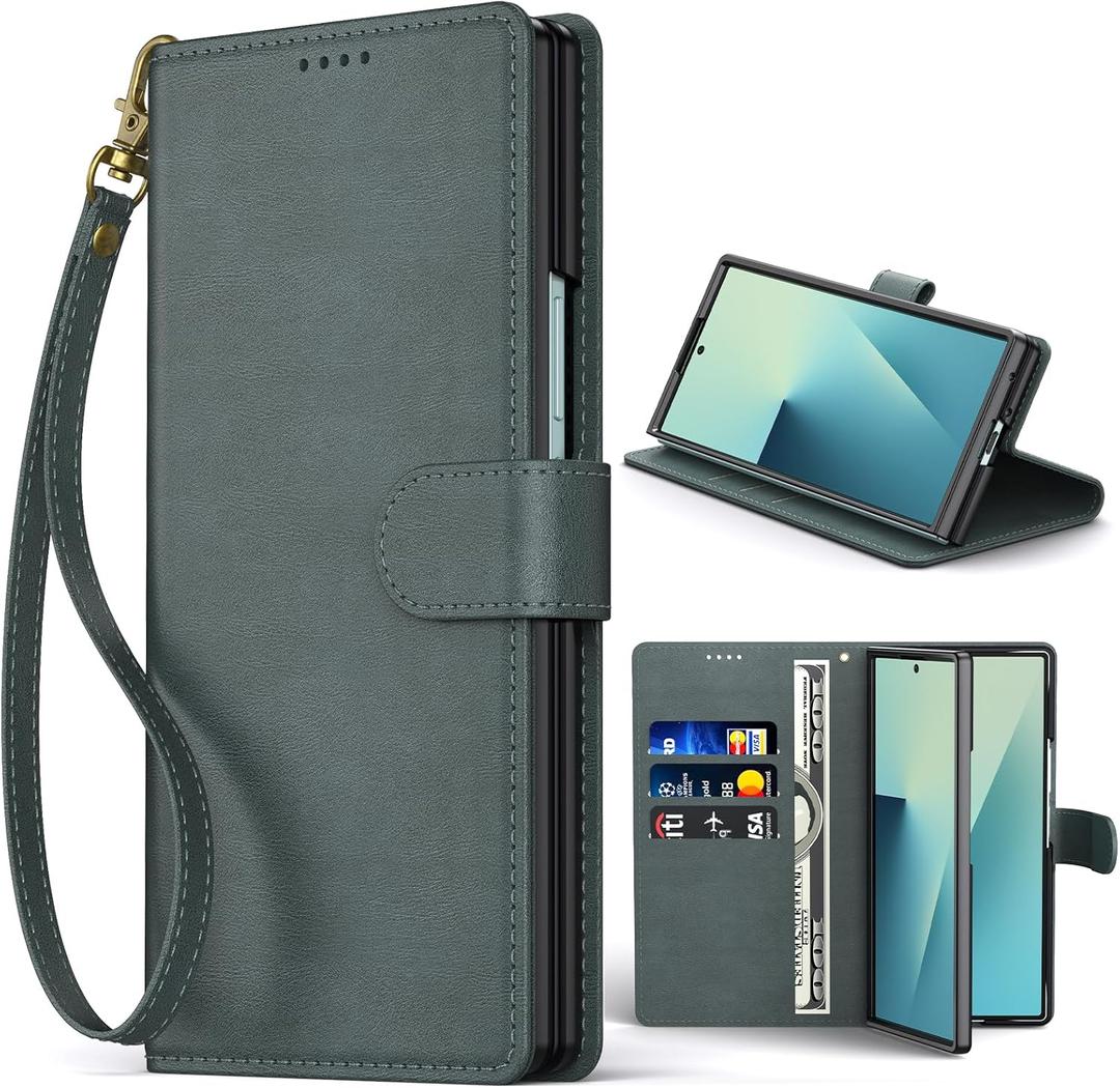 Oududianzi Leather Wallet Case for Samsung Galaxy Z Fold 7, PU Leather Flip Cover with Card Slots, Wrist Strap & Kickstand, Protective Phone Case, Green