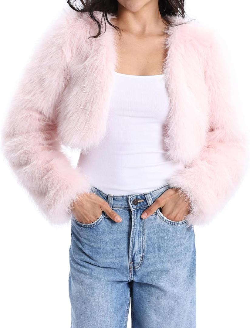 Xintianji Womens Faux Fur Cropped Jacket - Open Front Long Sleeve Winter Fuzzy Fleece Coat (Large, Pink)