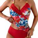 B2prity Women's Halter Tankini Set Tummy Control Swimsuit Mesh V Neck Two Piece Bathing Suit with High Waisted Bottom XL