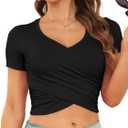 DSPSAM Womens Cute Short Sleeve Slim Fitted Front Cross Wrap Crop Tops Deep V Neck Going Out T Shirts (Black Medium)