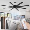 72 Inch Ceiling Fan no Light, Black Ceiling Fan with Remote, 6-Speeds, Quiet Reversible DC Motor, Industrial Ceiling Fans without Lights for Living Room, Garage, Patio, Indoor/Outdoor Use