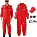 XYHKOBB 5PCS Racing Car Driver Costume for Adults Men, Red Racer Jumpsuit Halloween Cosplay Outfit with Hat Sunglasses Flags, Large 