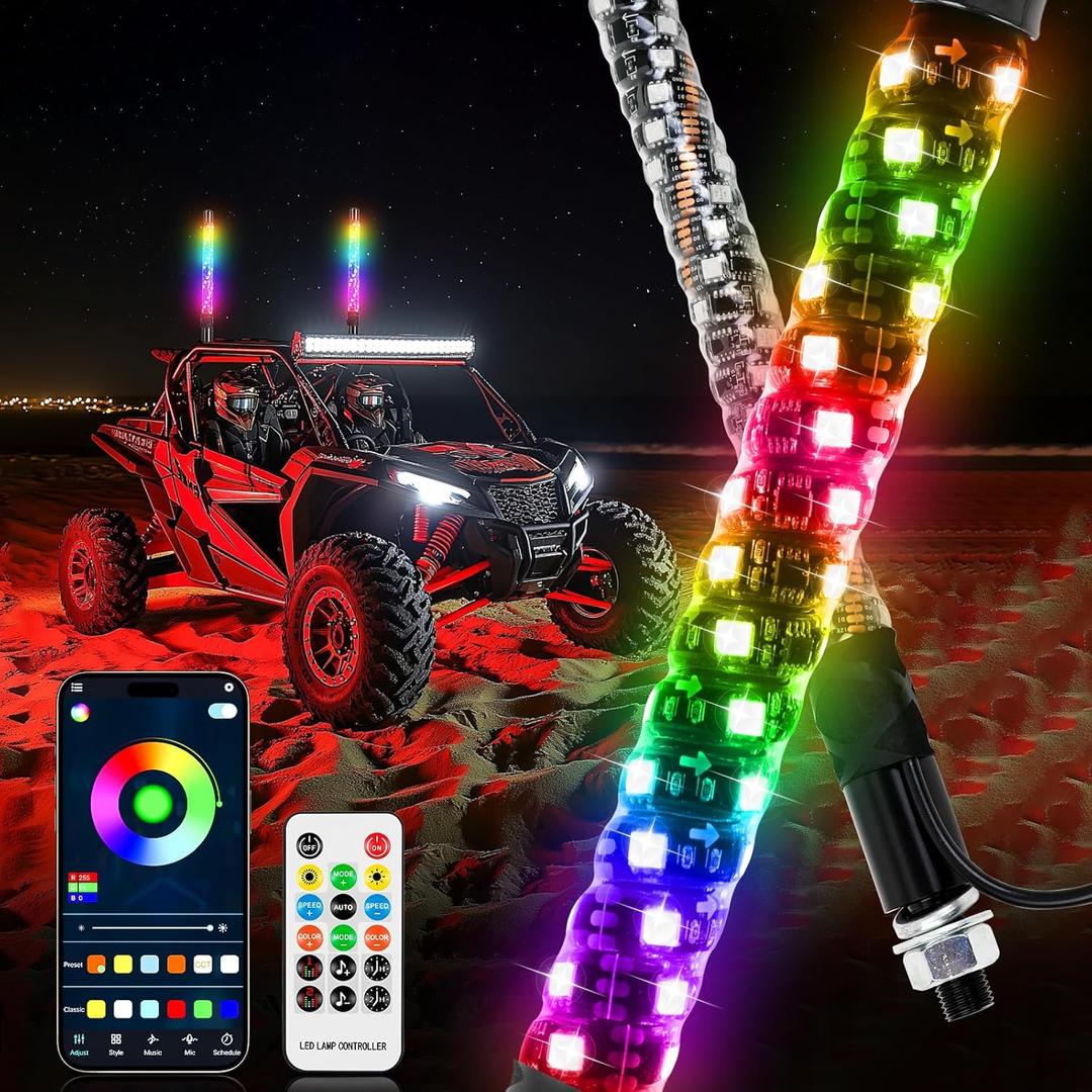 2PCS 1FT RGB Whip Lights,LED Whip Light with App & Remote Control Spiral Chasing Lighted Antenna Whips for Side by Side Music Whip Lights for ATV UTV RZR Can-Am Polaris Dune Buggy SXS Truck