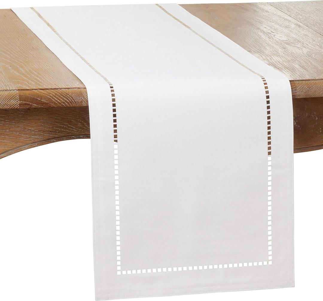 SARO LIFESTYLE Hadleigh Collection Laser-Cut Hemstitch Table Runner, 14" x 120", White