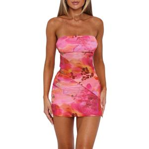 Goafuliy Two Piece Skirt Set for Women Summer Asymmetrical Mesh Strapless Tube Tops Mini Skirt Set Going Out Outfits (Large, Pink Orange)