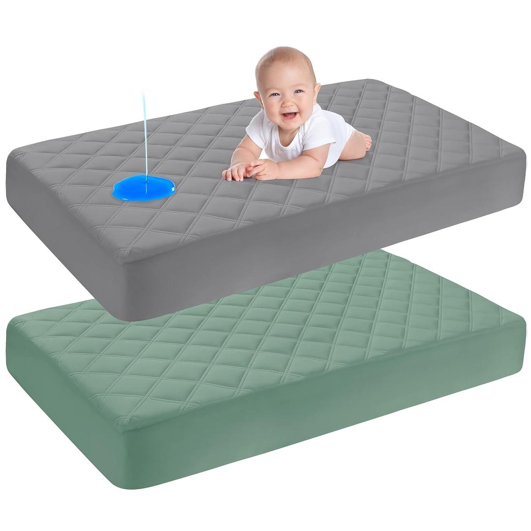 Yoofoss Waterproof Crib Mattress Protector 2 Pack, Quilted Crib Mattress Pad Cover Ultra Soft and Breathable, Machine Washable Toddler Mattress Protector for Standard Baby Crib Size 52''x28'' (Dark Grey&dark Green (2 Pack))