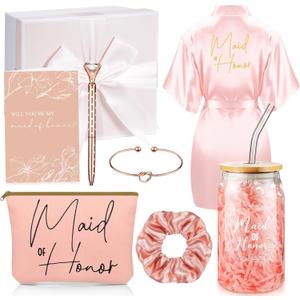 Irenare 8 Pcs Proposal Gifts Set Robes Makeup Bag Cup Cards Hair Tie Bracelet Diamond Pen Bridesmaid Gift Box(Pink,Maid of Honor)