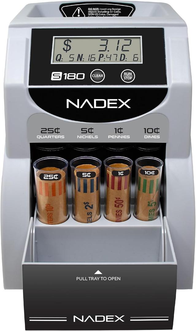 Nadex S180 Digital Coin Counter, Sorter,and Wrapper - Automatically Sorts and Counts Coin Batches, Stops on Full Coin Rolls
