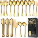 Gold Stainless Steel Serving Utensil Set, 17 Pcs, with Large Slotted/Spoon/Forks/Soup Ladle/Tongs/Pie Server/Butter Knife for Parties/Kitchen/Buffet/Catering