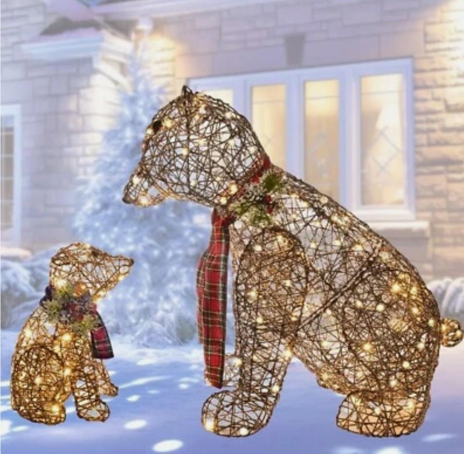 Lighted Rattan Polar Bear Family 2PCS - Large All-Weather Light Up Outdoor Christmas Décor for Front Yard and Lawn with 140 LED Lights, Zip Ties, Extension Cord, and Ground Stakes