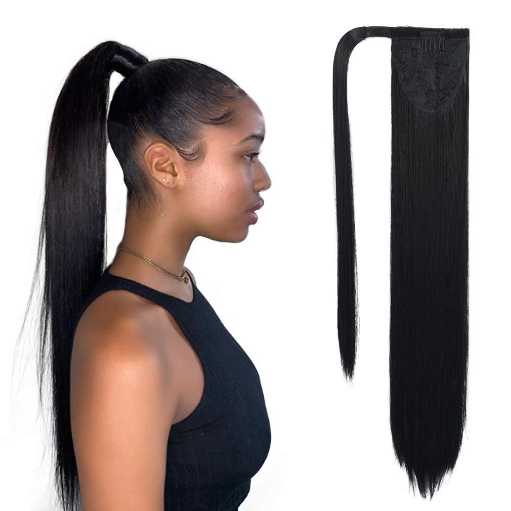 SEIKEA Clip in Ponytail Extension Wrap Around Long Straight Pony Tail Hair 28 Inch Synthetic Hairpiece - Black (28 Inch (Pack of 1))