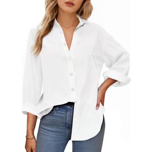 Womens Button Down Shirts, Long Sleeve Cotton Blouse for Women Casual, Collar Long Sleeve Blouse Tops for Pocket (Medium, White)