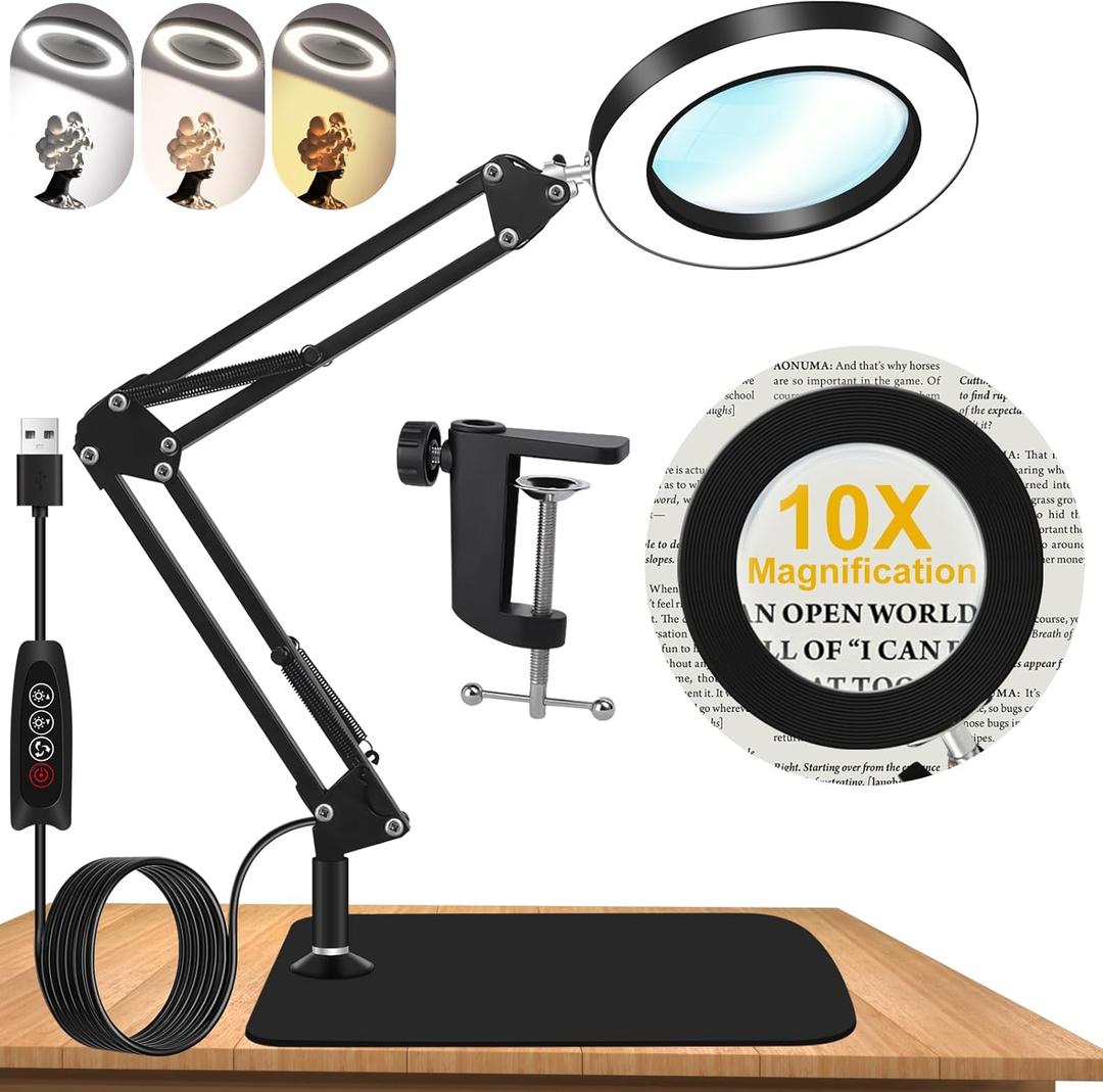 10X Magnifying Glass with Light and Stand, Dimmer Adjustable Swing Arm 2-in-1 Desk Lamp and Clamp, LED Lighted Desk Magnifier with Light for Craft Reading Repair Painting Close Work