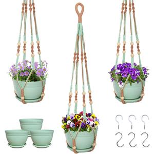 Macrame Plant Hanger with Pot, 3 Set Hanging Planters for Indoor Plants, Handmade Cotton Rope Boho Home Decor, Idea Gift for Anyone, Includes Plant Holders, Pots, Plates and Hooks (Mixed Color-1)