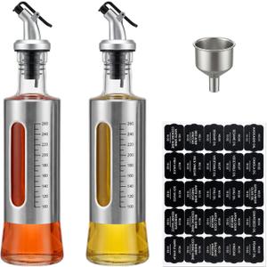 Olive Oil Dispenser for Kitchen, 2 Pack 10oz/300 ML Cooking Oil and Vinegar Dispenser Set with 20 Labels Stainless Steel Funnel, Olive Oil Bottle, Soy Sauce Dispenser, Coffee Syrup Bottles