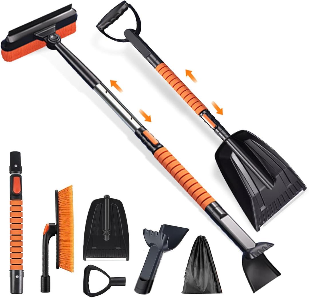 42'' Ice Scraper and Extendable Snow Brush for Car Windshield with with Foam Grip and 360° Pivoting Brush Head Snow Scraper,Snow Pushing Plate, Pivoting Snow Broom