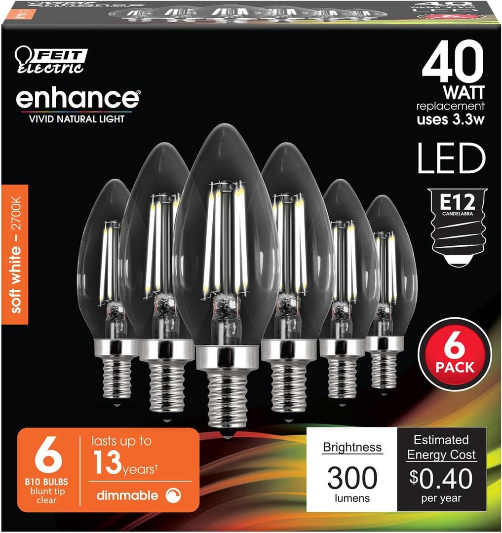 Feit Electric 40W Equivalent Candelabra LED Light Bulb, Dimmable, E12 Base, 2700K Soft White, B10 Filament Torpedo Tip Decorative Lighting Bulbs, 13-Year Lifetime, CTC40/927CA/FIL/6, 6-Pack