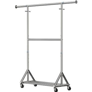 Heavy Duty Rolling Clothes Rack with Double Rods for Hanging Clothes, Adjustable & Extendable Metal Clothing Rack, Garment Rack With Wheels Shelf, Sturdy Freestanding Closet Rack, 100% Stainless Steel (Chrome)