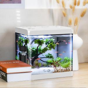 Small Fish Tank,5 Gallon Glass Aquarium Betta Fish Tank Starter Kit with Filter and LED Light.White