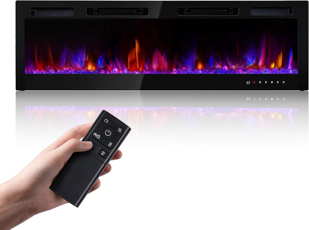 RealSmart Electric Fireplace Heater Inserts 60" Wall Mounted Electric Fireplace 750W/1500W in-Wall Recessed Heaters with Remote Control,Fit for 2 X 6 stub,12 Adjustable Color Flame & Brightness,Timer