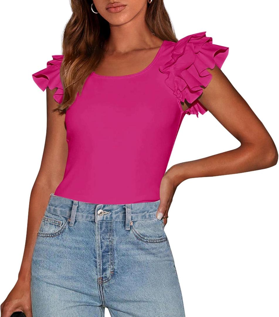 PRETTYGARDEN Women's Ruffle Short Sleeve Shirts 2025 Summer Casual Basic Tee Cute Fitted Crew Neck Fashion Tops Clothes (Red, S) PRETTYGARDEN Women's Ruffle Short Sleeve Shirts 2025 Summer Casual Basic Tee Cute Fitted Crew Neck Fashion Tops Clothes (Red, S)