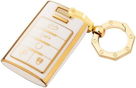 YHC Key Fob Cover for Cadillac with Gold Keychain Key Shell for Escalade SRX CTS ATS XTS DTS STS 2008-2015 (White), 2Pack