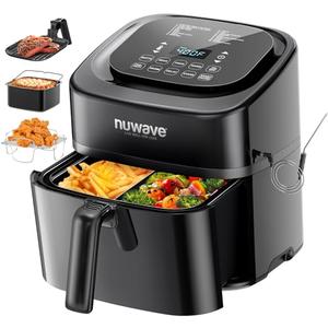 Nuwave Brio 10-in-1 Air Fryer, 6 QT Airfryer Capacity with Smart Probe, Roast Grill Bake for Fast Meals, One-Touch Digital Controls, Powerful 1800W Fryer, 100 Recipes, Removable Divider & Grill Pan