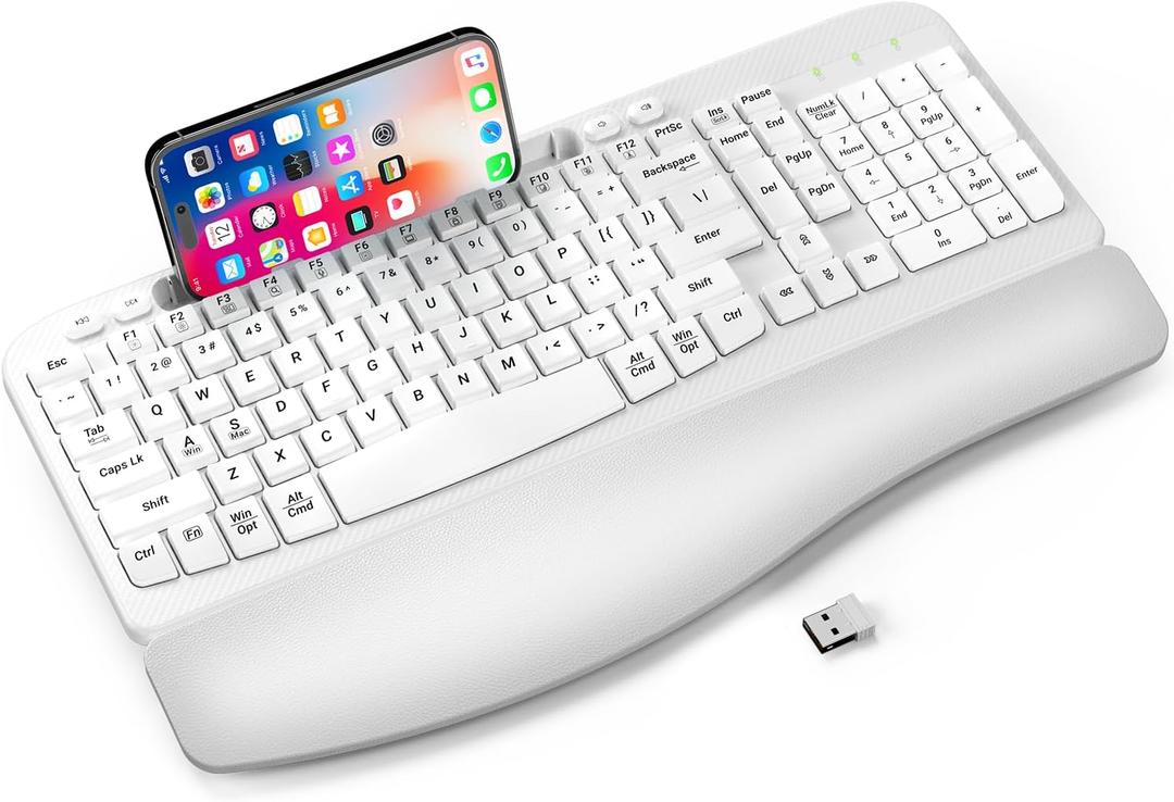 Ergonomic Wireless Keyboard with Cushioned Wrist Rest, Wave Keys, Phone Holder, Comfortable Natural Typing, 2.4GHz Full Size Cordless USB Computer Keyboard for Windows, Mac OS, Laptop, PC (White)