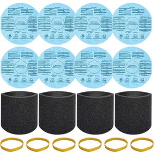 8 Pack 90107/90137 Reusable Dry Filters and 4 Pcs 90585 Foam Sleeve Filter Kit Replacement for Shop Vac 5 Gallon and Above Wet/Dry Vacuum, Part# 9010700, 9013700, 9058500, with 6 Retaining Bands