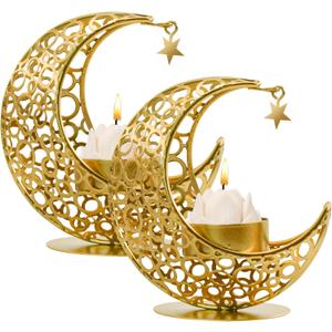 MrMrKura Moon Candle Holders Set of 2, Metal Tealight Candle Holder for Table Centerpiece Decorative Votive Candlesticks Holder for Party Home Decor (Gold)