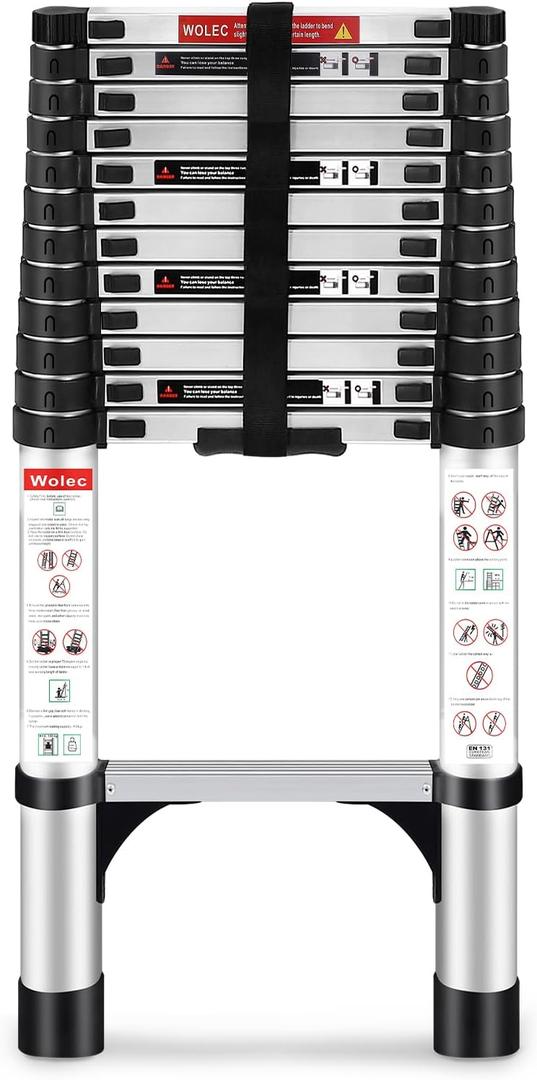 Telescoping Ladder, 12.5FT Aluminum Lightweight Portable Telescopic Ladder, Stabilizers & Wheels, Heavy Duty 330lbs Max Capacity,Extension Ladder for Roofs, RVs, Outdoor-Sliver (12.5 FT, Silver)