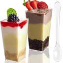 TOFLEN 50 Pack 3 oz Square Mini Dessert Cups with Spoons Clear Plastic Dessert Shooter Cups for for Party, Yogurt, Parfait, Cheesecake, Pudding, Jello and Appetizers