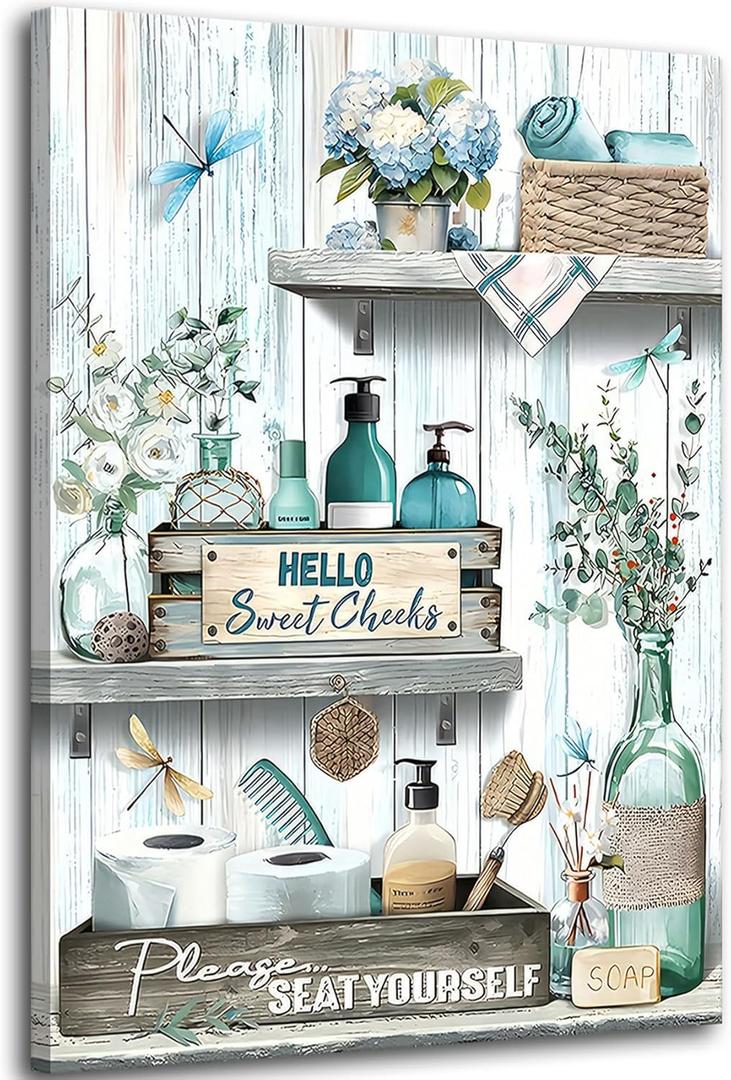 Farmhouse Bathroom Canvas Wall Art blue Green Rustic Dragonfly And Flower Wall Decor Pictures Bathroom Please Seat Yourself Sign Poster Prints for Toilet Home Decoration 12x16in Ready to Hang (Canvas)