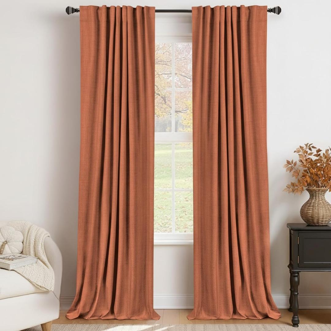 100% Blackout Shield Linen Blackout Curtains for Bedroom 84 Inches Long, Back Tab/Rod Pocket Living Room Drapes, Thermal Insulated Blackout Curtains 2 Panels Set, 50" W x 84" L, Burnt Orange