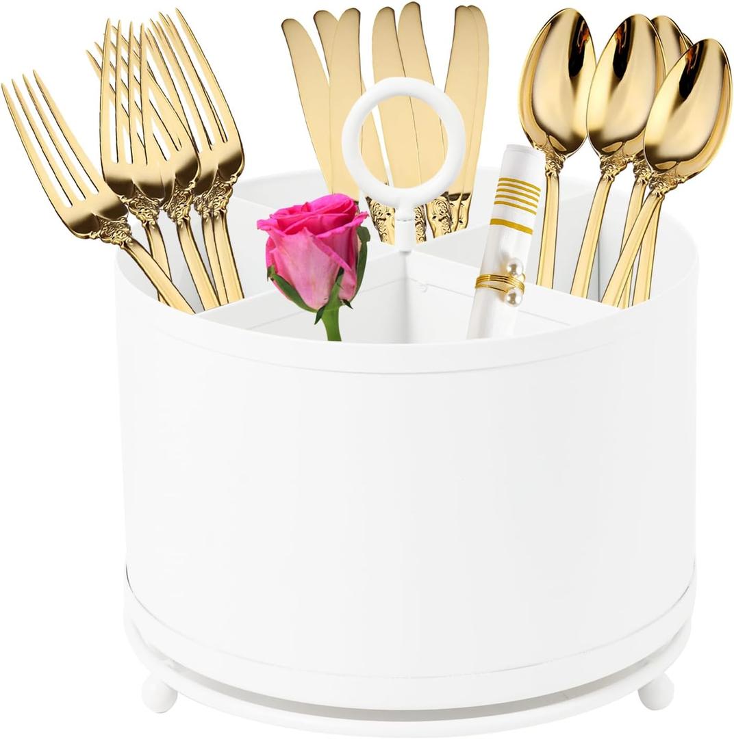 NelyBet 360Rotating Silverware Caddy,4 Compartment Utensil Holder Countertop,Outdoor Silverware Organizer for Picnic Camping Party Metal Cutlery Caddy with Handle -White