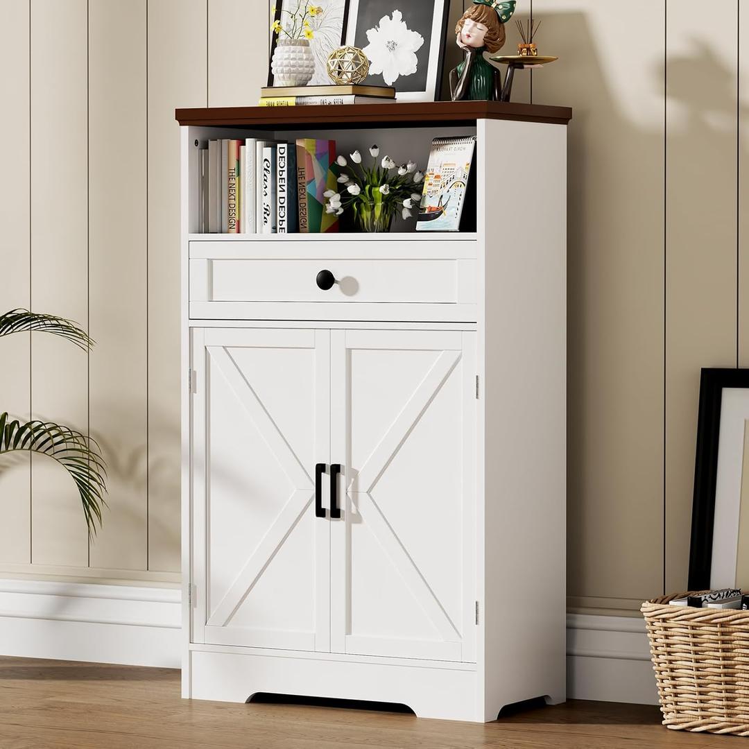White Floor Cabinet, Farmhouse Storage Cabinet with Barn Doors and Drawer, Freestanding Adjustable Shelf Cabinets for Bathroom, Kitchen, Living Room (23.6W''*11.8D''*39.4H'')