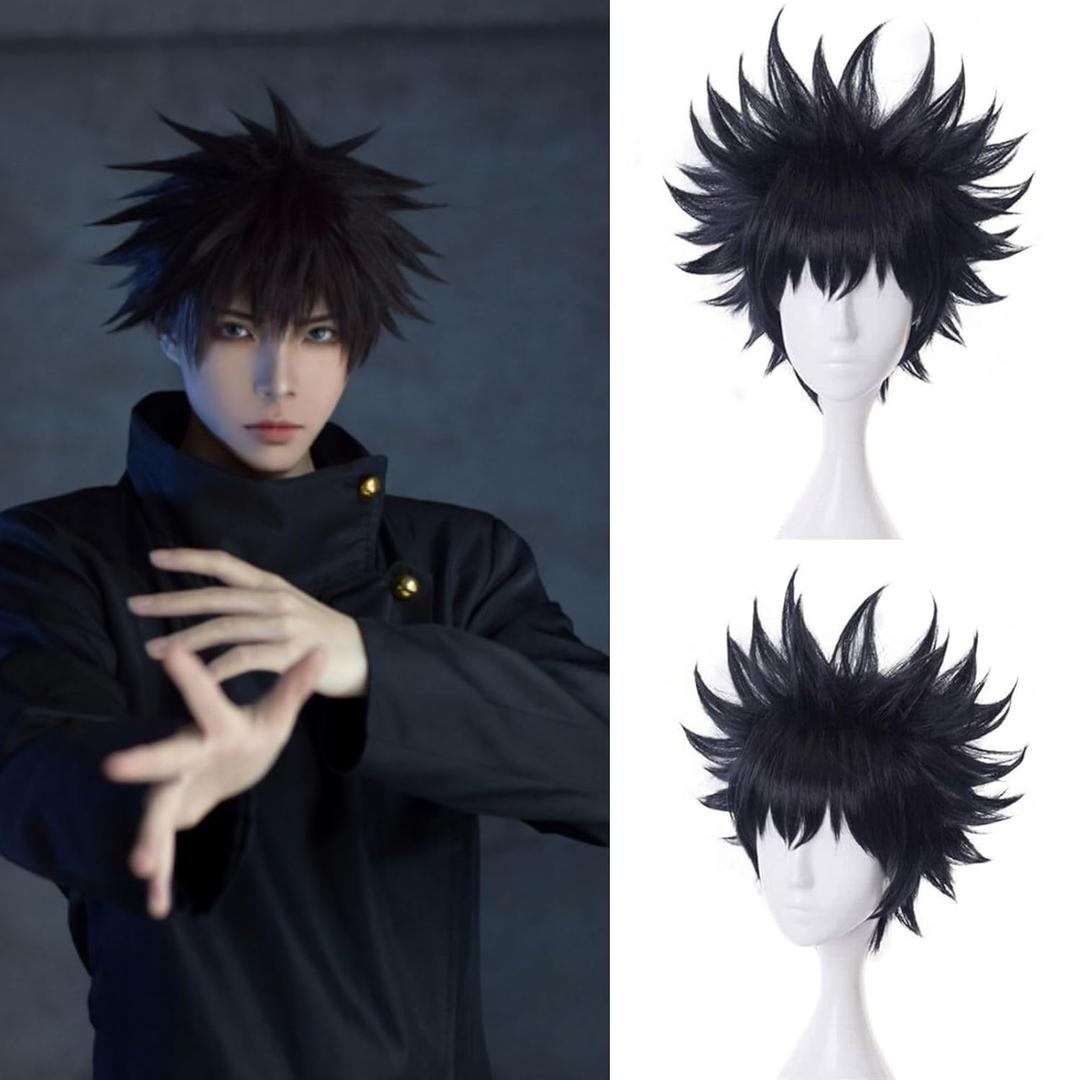 Ebingoo Short Black Cosplay Wig for Men With Cap - Synthetic Hair With Bangs for Anime, Halloween Costume - Boys
