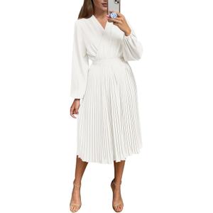 PRETTYGARDEN Women's Fall Midi Dress Long Puff Sleeve Wrap V Neck Flowy Ruffle Pleated Casual Dresses (White, X-Large)